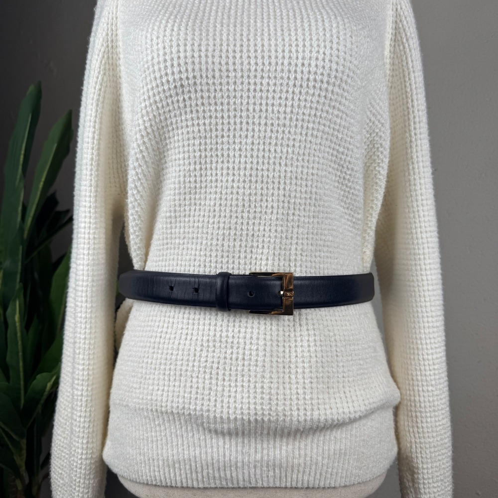 Quiet Luxury 90's Vintage Navy Leather Calvin Klein Belt Women XL Gold Buckle